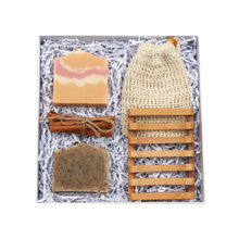 Load image into Gallery viewer, Luxury Christmas Handmade Soap Gift Set: 2 x Soaps, 1 x Bamboo Soap Dish, 1 x Soap Sisal Bag, 3 x Cinnamon Sticks