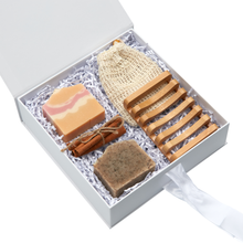 Load image into Gallery viewer, Luxury Christmas Handmade Soap Gift Set: 2 x Soaps, 1 x Bamboo Soap Dish, 1 x Soap Sisal Bag, 3 x Cinnamon Sticks
